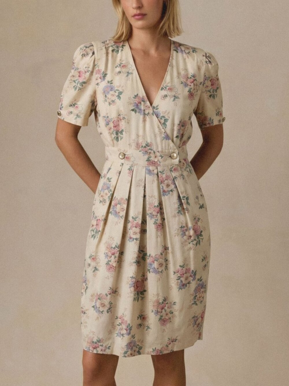VTG 80s Ronni Nicole Petite Floral Cottage Dress Sz 6 Wrap Pearl Button Pleated